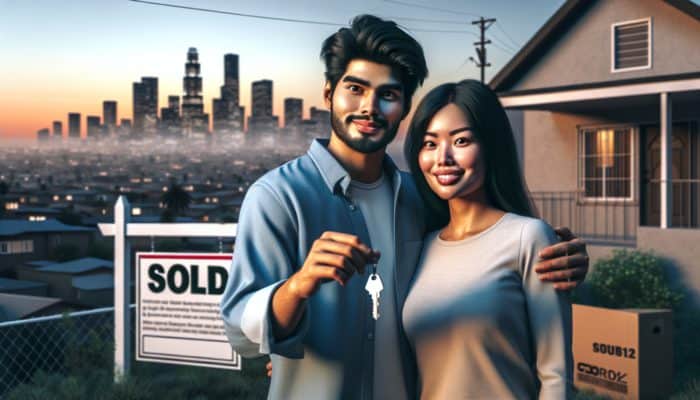 A young couple with keys in front of their new home in Bloemfontein, "Sold" sign visible.