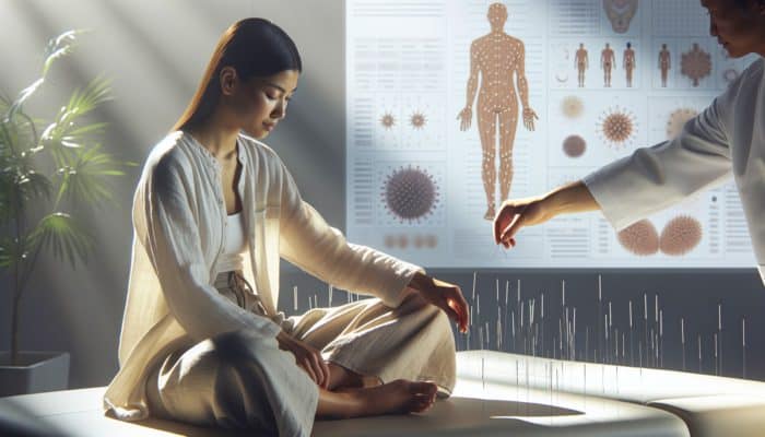 How to Relax During Acupuncture: A serene individual in loose, comfortable clothing during an acupuncture session with needles on accessible points.