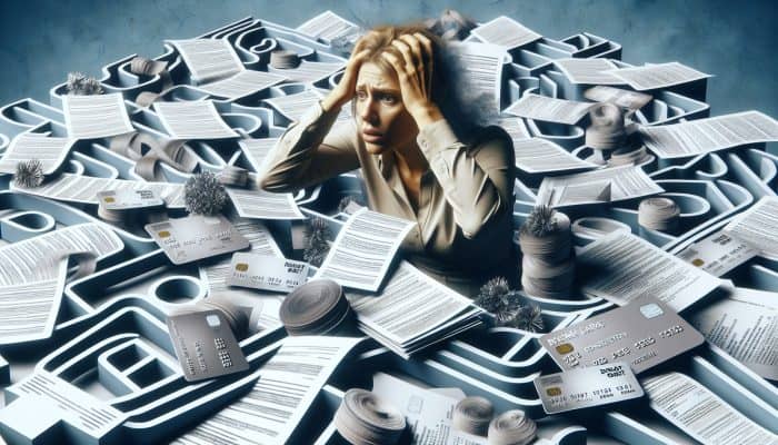 Individual overwhelmed by bills and credit cards, navigating the debt consolidation path towards financial pitfalls.