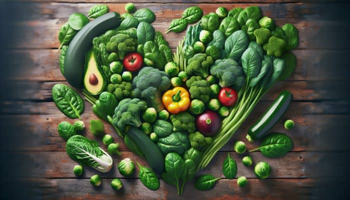 Best Recipes for a Heart-Healthy Diet: A heart-shaped arrangement of spinach, kale, broccoli, and Brussels sprouts on a rustic wooden table.
