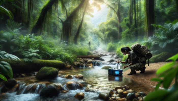 A person using a portable water purifier in a serene wilderness setting with a clear stream.