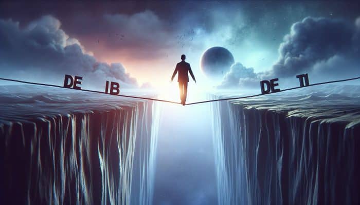 Debt Consolidation With The Snowball Method: UK Guide | DCL A person on a tightrope between "Debt Consolidation" and "More Debt," illustrating financial risks in the UK.
