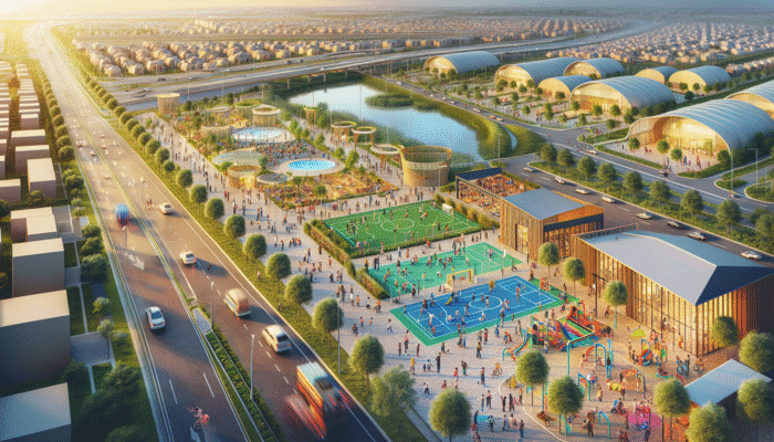 A vibrant Mahikeng neighbourhood with new parks, recreational centers, and improved transport, fostering family and community interactions.