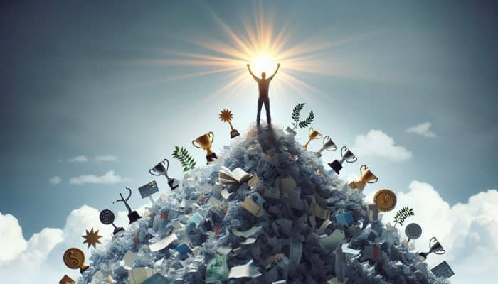 Debt Consolidation Success Stories to Inspire You in the UK | DCL Person triumphantly atop shredded debt papers, symbolising financial freedom and hope.