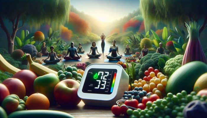 A person practising yoga in a garden surrounded by healthy foods, displaying a normal blood pressure reading.