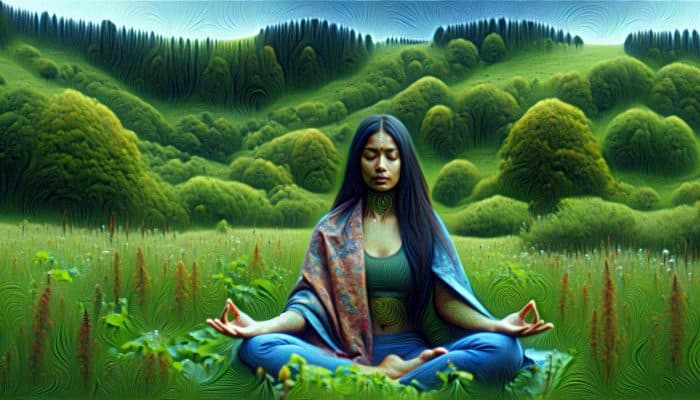 A person practising yoga in the serene UK countryside, surrounded by greenery, representing relaxation.