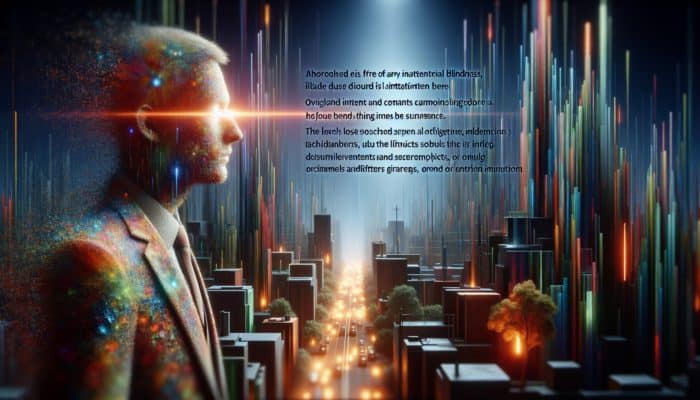 Hiding in Plain Sight: Person staring blankly at a vibrant scene, missing a bright detail due to inattentional blindness.