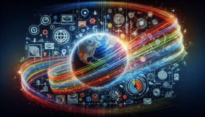 Strategies for Optimising Email Open Rates: An email interface showcasing vibrant action verb subject lines like "Discover," "Unlock," "Boost," enhanced with global and seasonal icons.