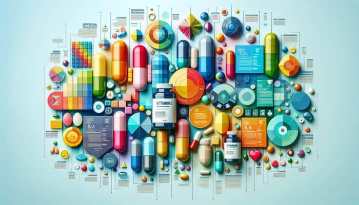 Dynamic infographic offering insights on creating content centred around supplements, featuring vitamins and capsules.