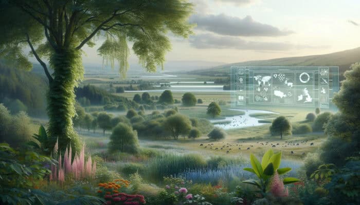 A tranquil UK landscape illustrating sustainable land clearing, emphasizing the harmony between nature and development.