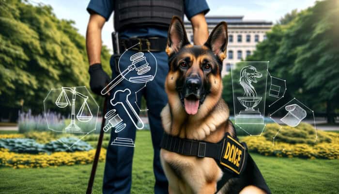 German Shepherd in protective stance with handler, legal documents, and gavel in city park background.