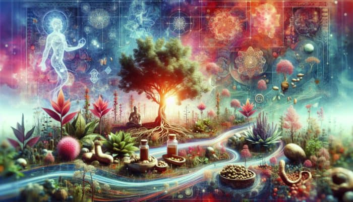 Integrating Adaptogens Into Diets: A serene landscape with vibrant adaptogenic plants like ashwagandha and ginseng, symbolising vitality and longevity in Ayurveda and Traditional Chinese Medicine.