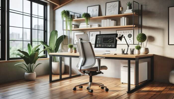 A modern home office setup with an adjustable chair, desk, and eye-level monitor, surrounded by plants.