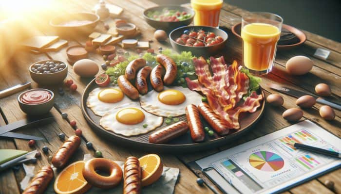 How to Cook a Hearty Winter Breakfast: Golden fried eggs, crispy bacon, and artisanal sausages on a rustic wooden table in morning sunlight.