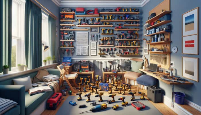 Compact Tools for Small-Space House Clearances: A variety of compact tools neatly organized in a small UK home, showcasing efficiency and versatility.