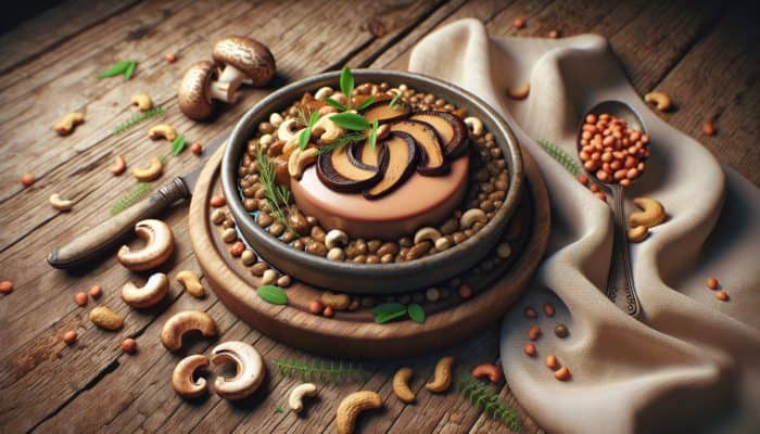 Vegan foie gras featuring shiitake, portobello, cashews, and lentils beautifully arranged on a rustic table garnished with herbs.