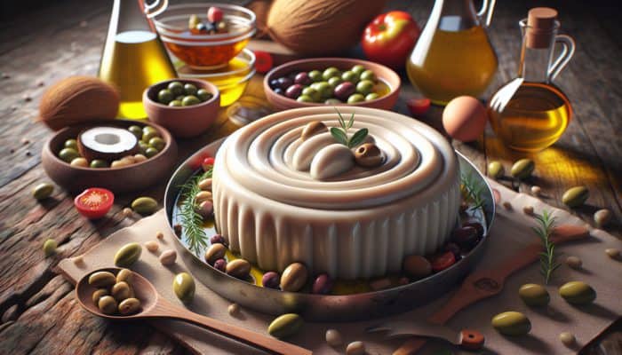 Vegan foie gras presented with coconut oil and olive oil on a rustic table, showcasing luxurious plant-based richness.