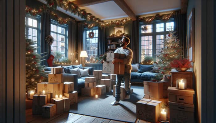 A person joyfully clearing space in a festively decorated UK home interior in preparation for Christmas.