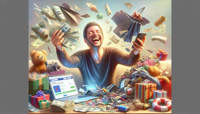 A person decluttering and selling items online, surrounded by cash and holiday gifts, illustrating financial savings.