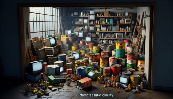 A cluttered garage filled with hazardous materials such as leaking paint cans, corroding batteries, and old electronic devices, each marked with warning labels.