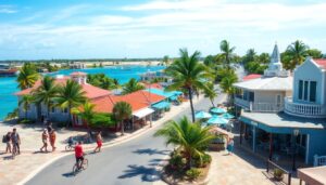A coastal town scene in Corozal Town, Belize, where people walk and bike along colourful streets lined with palm trees, outdoor cafes, and real estate options that highlight the area’s affordable living beside blue waters and boats under a clear sky.