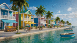 A row of colourful houses lining a waterfront street with palm trees in Corozal Town, Belize. People ride bicycles along the sidewalk, small boats float on clear water, and fruit stands appear on the left—ideal for those seeking affordable living.