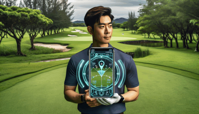 Best Golf Apps for Course Navigation: Golfer using Golfshot app on smartphone, showing GPS distances, score tracking, and game stats on a lush course.