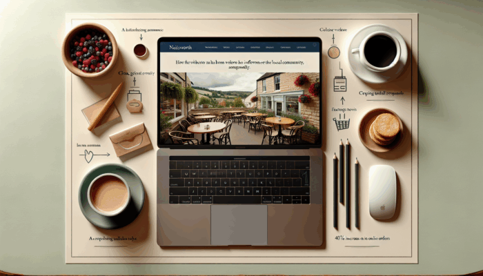 Cozy café in Nailsworth with laptop showing revamped website: streamlined menu navigation, community-inspired aesthetics, and graphics for 40% order surge.