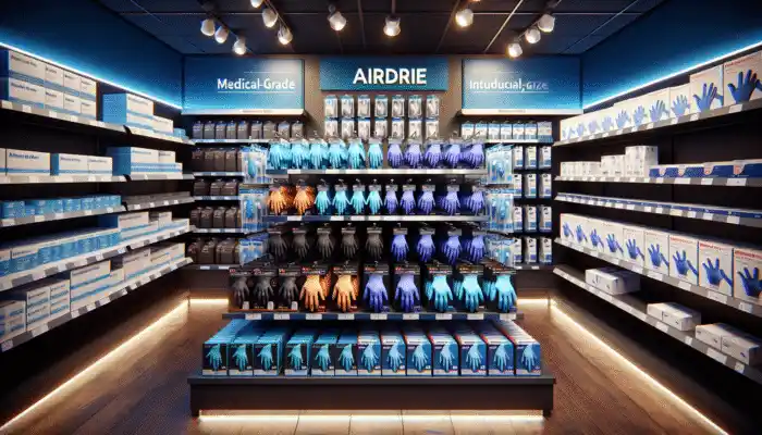 Nitrile Gloves in Airdrie: Vibrant display in Airdrie UK store: blue medical-grade nitrile gloves and black industrial ones, with colourful packaging and logos under bright lights.