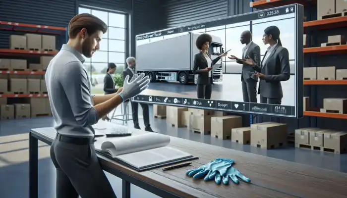 A professional buyer inspects polythene gloves in a warehouse, with a delivery truck arriving and customer service reps on a digital screen.