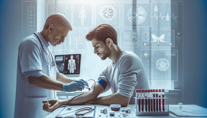 A skilled nurse draws blood from a patient's arm for a liver test in a modern Eastbourne clinic, surrounded by high-tech equipment and medical charts.