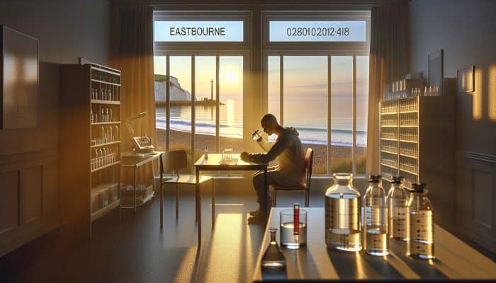 A patient in a dawn-lit coastal clinic in Eastbourne reviews a fasting checklist with an empty glass nearby.