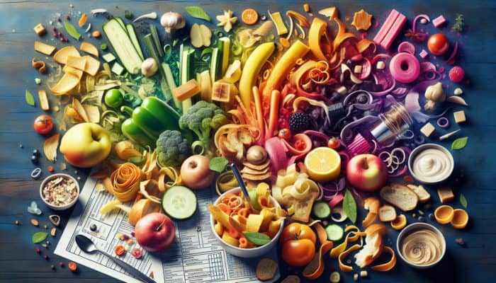 A lively kitchen scene featuring food scraps transformed into delightful upcycled dishes.