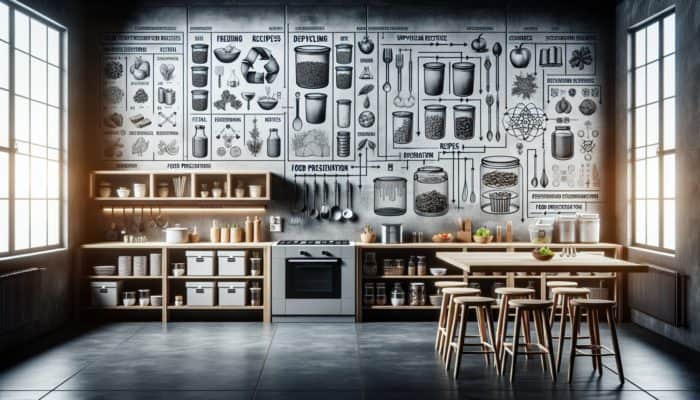 A kitchen scene demonstrating food scrap storage, upcycling recipes, and preservation methods like freezing, dehydrating, and fermenting.