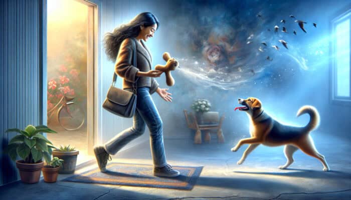 A person at home being greeted by their dog, wagging its tail, leaning on their leg, and offering a toy.