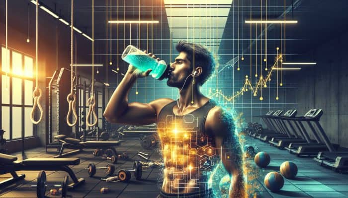 Person drinking an electrolyte drink from a sports bottle at the gym, with a hydration chart indicating light yellow color.