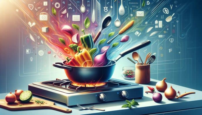 A sizzling skillet on a stove with colorful peppers, onions, and herbs, next to a tablet showing cooking recommendations.