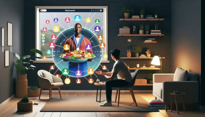 A nutritionist and online community empowering a person with a tailored diet plan in a cozy, modern setting.