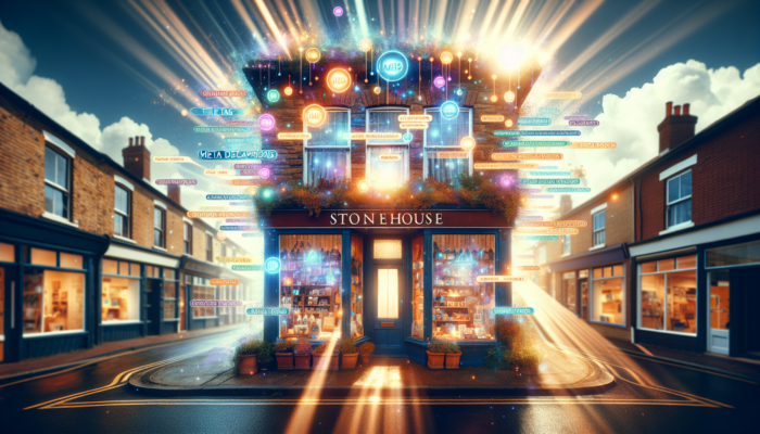 SEO in Stonehouse, Gloucestershire for Small Business: A bustling Stonehouse street with a small business storefront, overlaid with glowing SEO elements like title tags, meta descriptions, and rising traffic graphs.