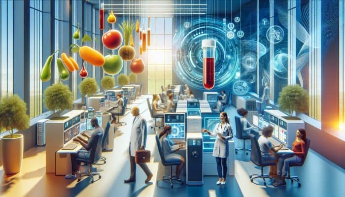 In a modern Bracknell clinic, smiling patients undergo mineral blood tests as a doctor reviews digital screens showing balanced minerals and vitality symbols.
