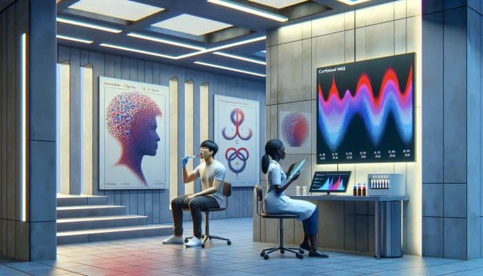 A person in a UK clinic collects a saliva sample for cortisol testing, guided by a nurse viewing digital stress charts and health posters.