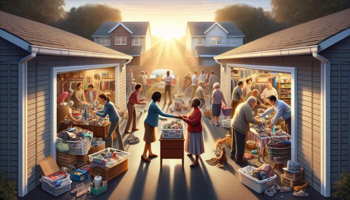 A bustling suburban garage in morning sunlight, with friends helping Sarah sort clutter and John hosting a lively sale with neighbors.