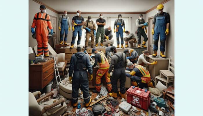 Workers in a cluttered house wear protective gear, lift heavy furniture, inspect for hazards, and keep a first aid kit nearby.
