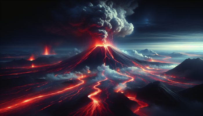A towering volcano erupts with red-hot magma, ash clouds, and fiery lava flows amid shifting tectonic plates.