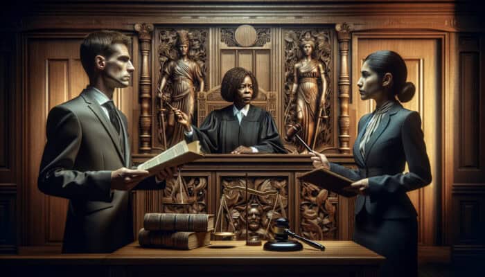 Courtroom scene: Two lawyers in suits argue before a gavel-wielding judge, with scales of justice, documents, and dramatic lighting.