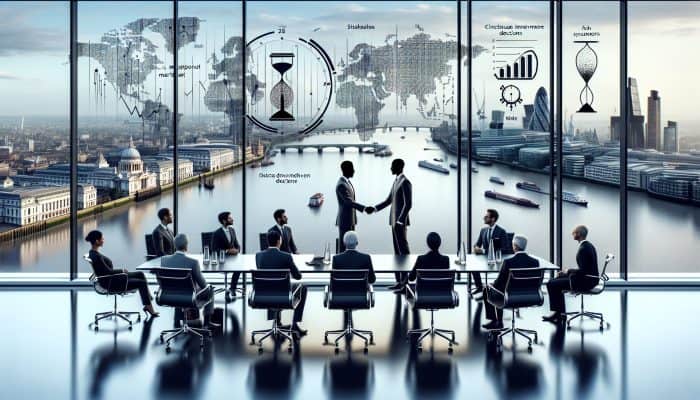 In a modern London boardroom overlooking the Thames, a negotiator reviews market charts and shakes hands with diverse stakeholders.