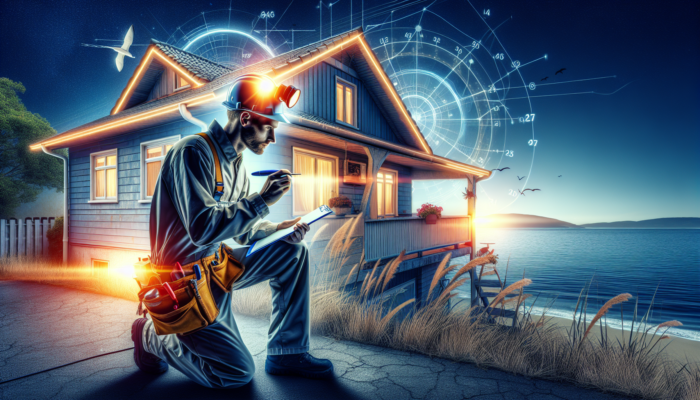 A professional inspector in Richards Bay assesses cracked walls and rusty roofs on a mid-level home, utilizing tools under bright sunlight.