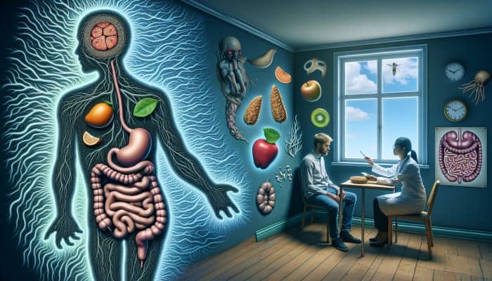 Illustration of a person in a UK clinic consulting a doctor on gluten sensitivity, surrounded by symbols of nutrient deficiencies, gastrointestinal distress, and anxiety.