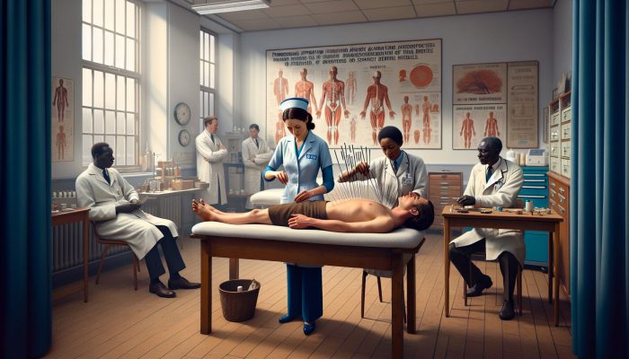 A skilled acupuncturist in a 1970s London NHS hospital performs needle therapy on a patient, with observing doctors and vintage equipment nearby.
