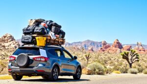 A blue SUV parked on a desert road is loaded with gear and backpacks on its roof rack. Red rock formations, Joshua trees, and distant mountains under a clear sky highlight nature’s wonders on this park road trip adventure.